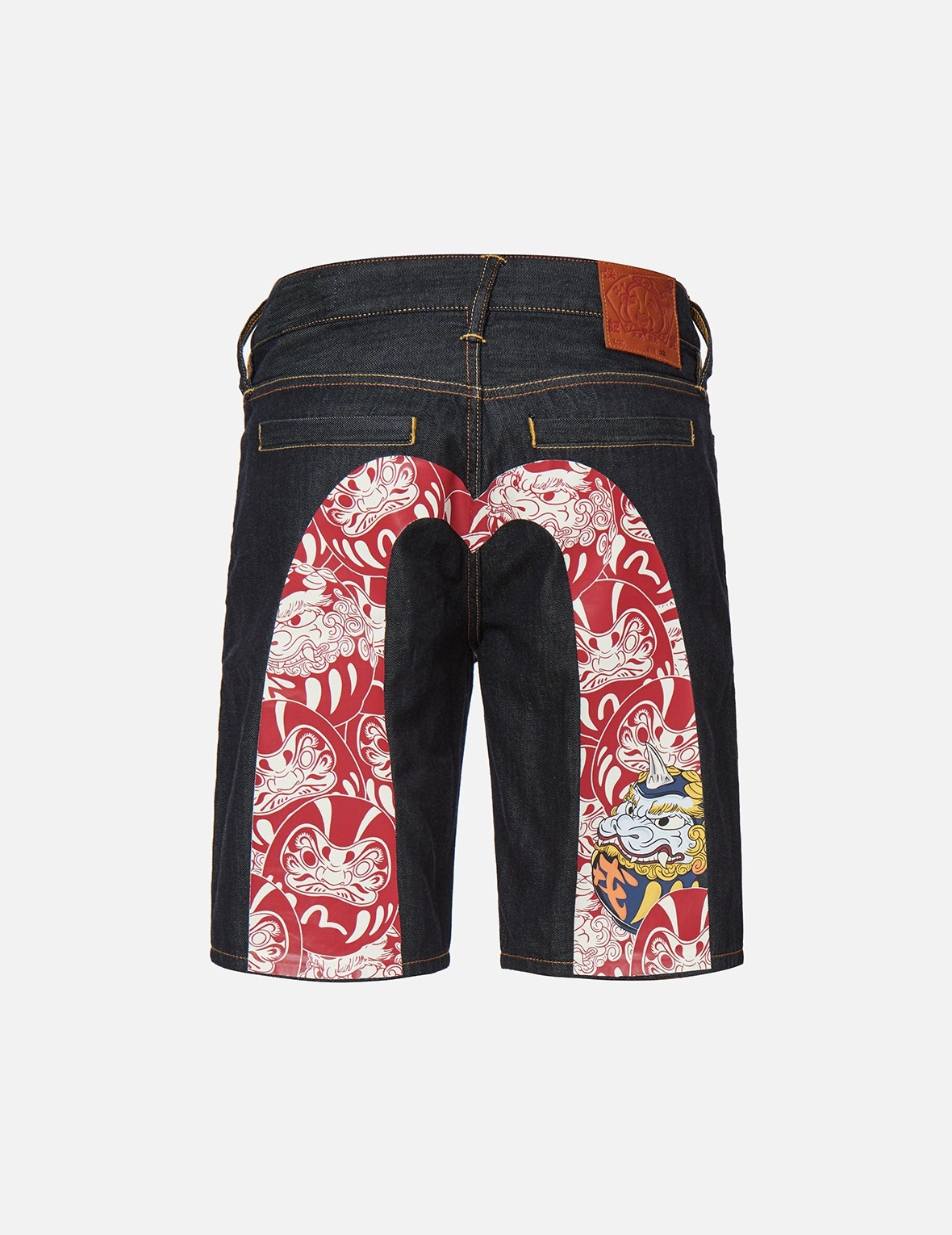 DARUMA BUDDIES PATTERN DAICOCK PRINT DENIM SHORTS - 2