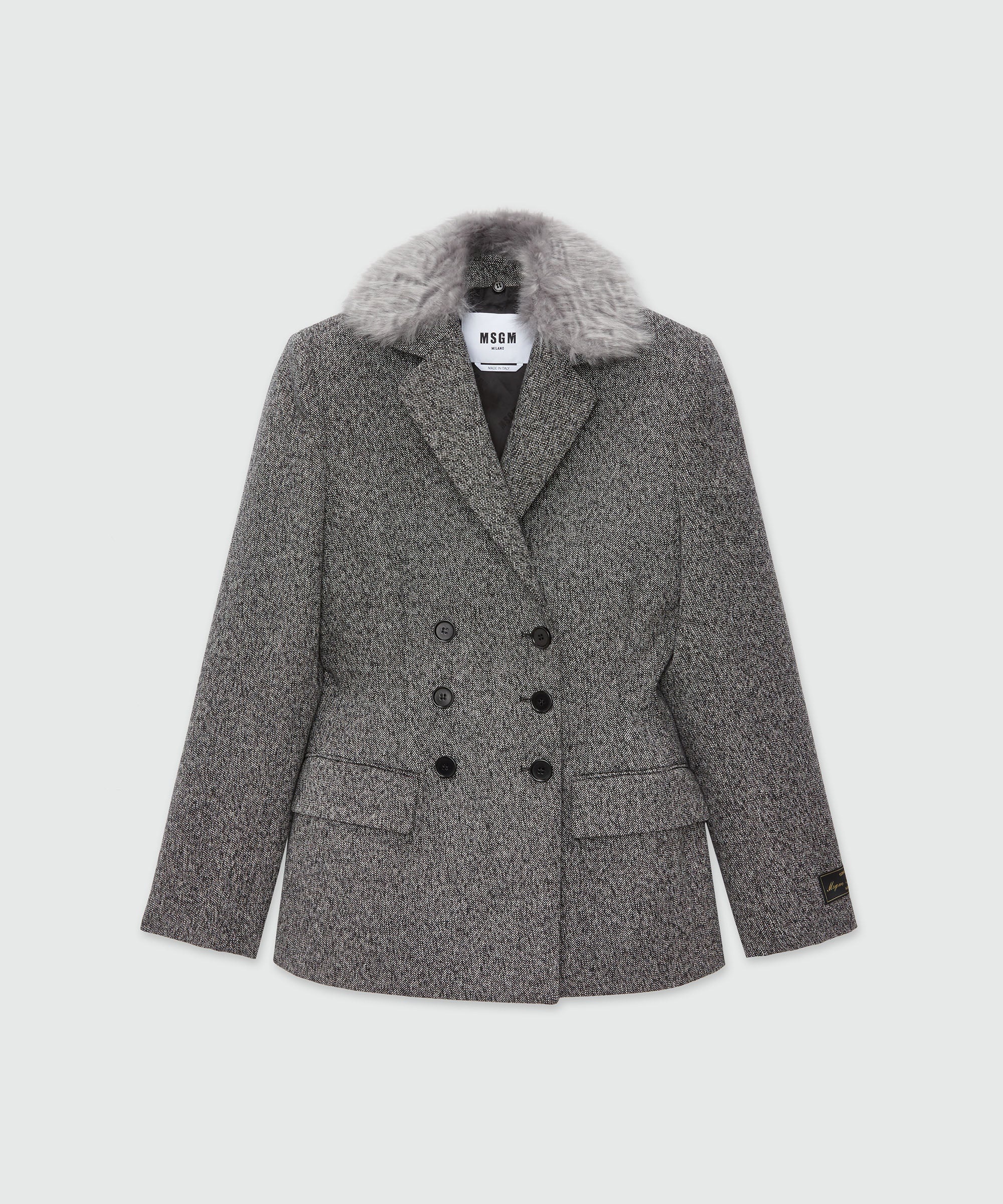 Salt and pepper blended wool jacket with faux-fur - 1