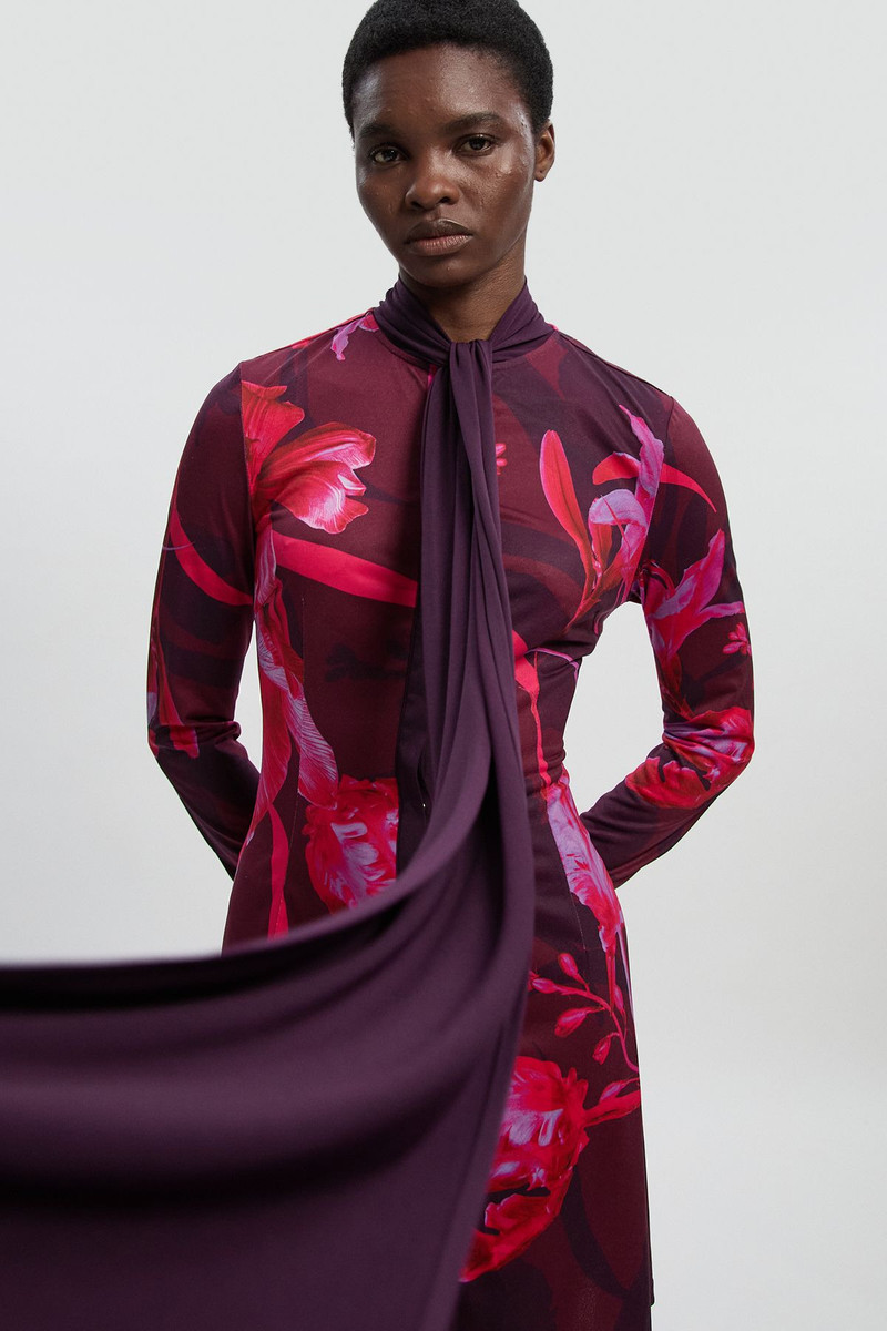 KAREN MILLEN Floral Print Crepe Tie Neck Long Sleeve Mini Dress outlook