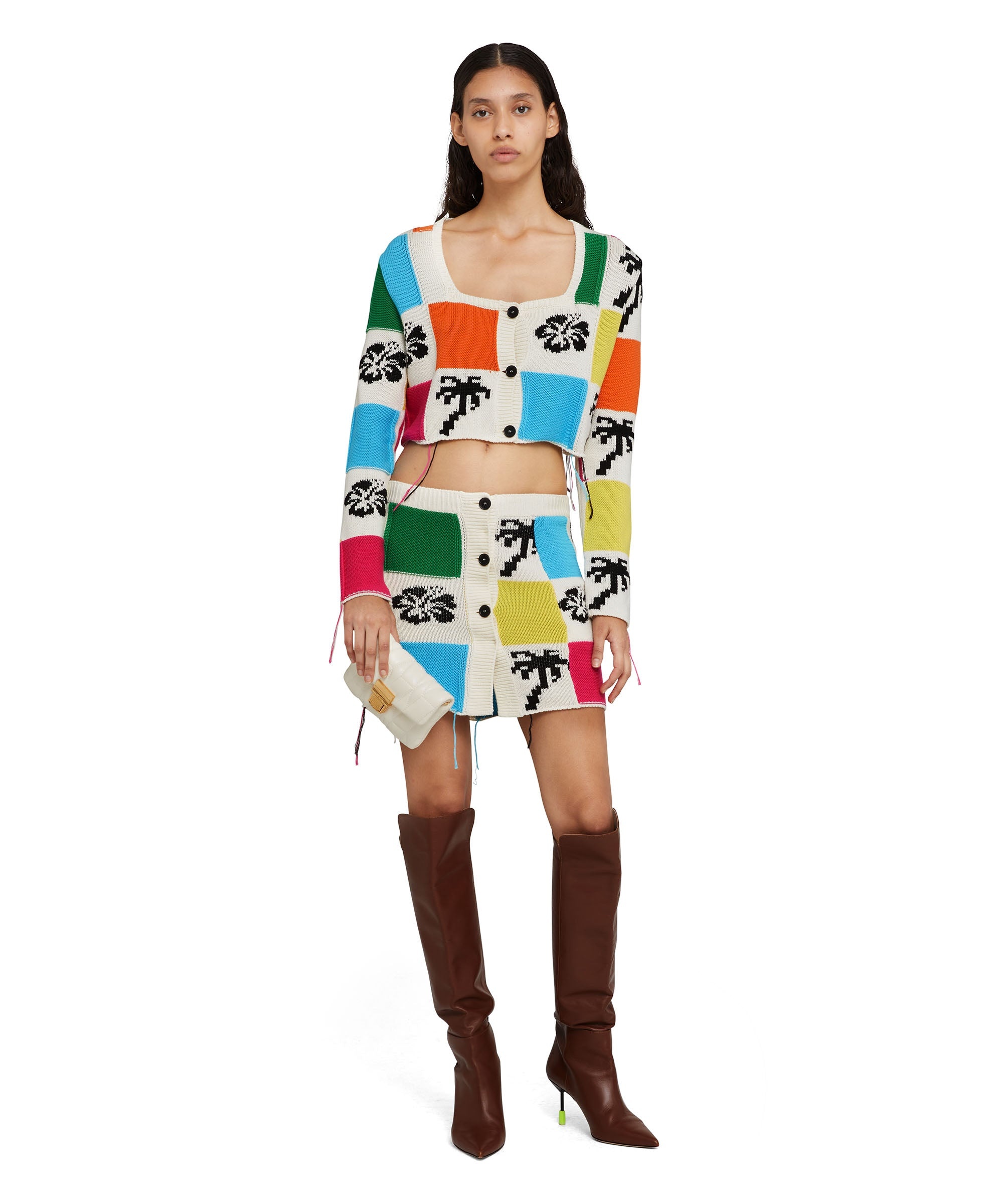 Patchwork knit crop cardigan with hibiscus and palm inlays - 5