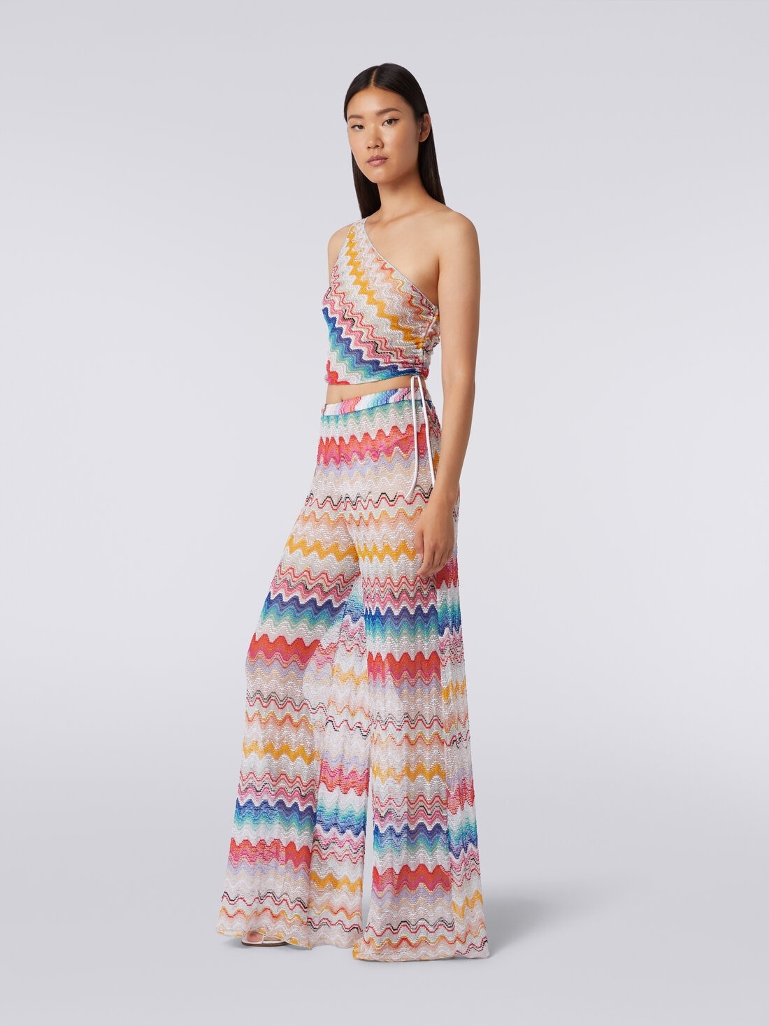 Wave motif one-shoulder top with lurex - 3