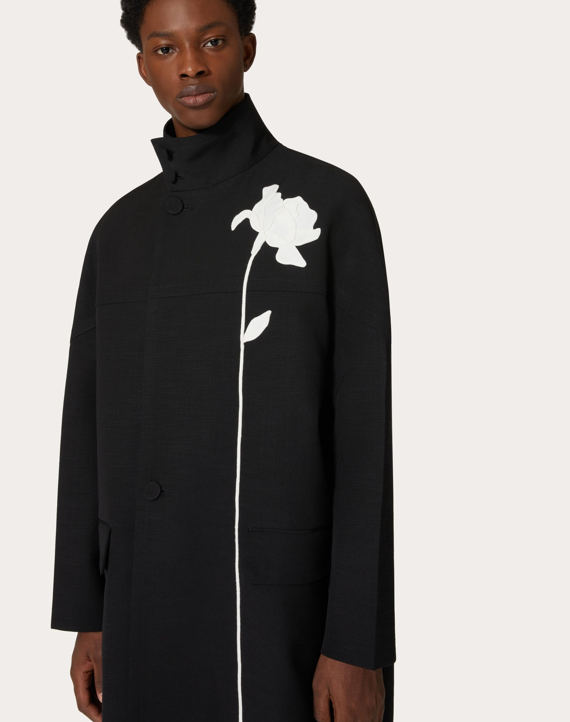 SILK SHANTUNG HIGH-NECK CABAN WITH FLOWER EMBROIDERY - 5