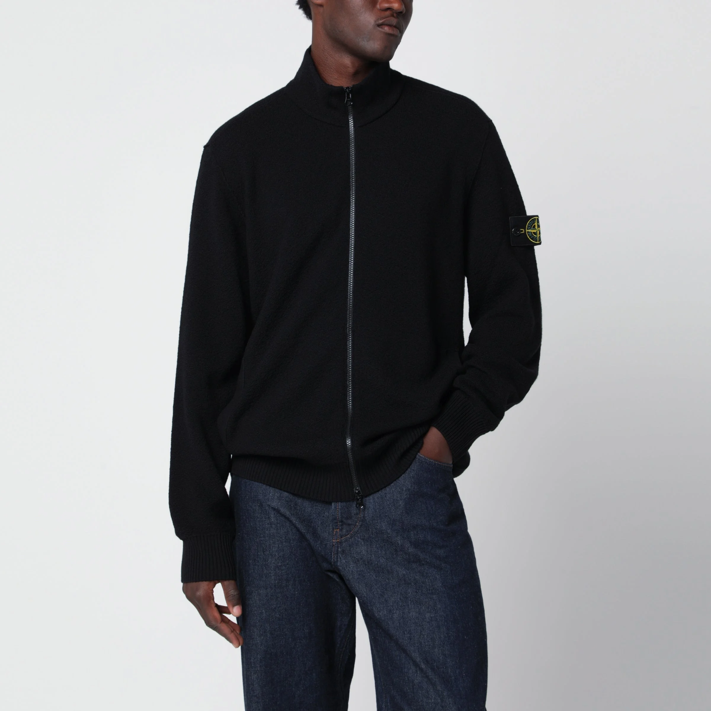 Black zip-up sweater in pure wool - 1