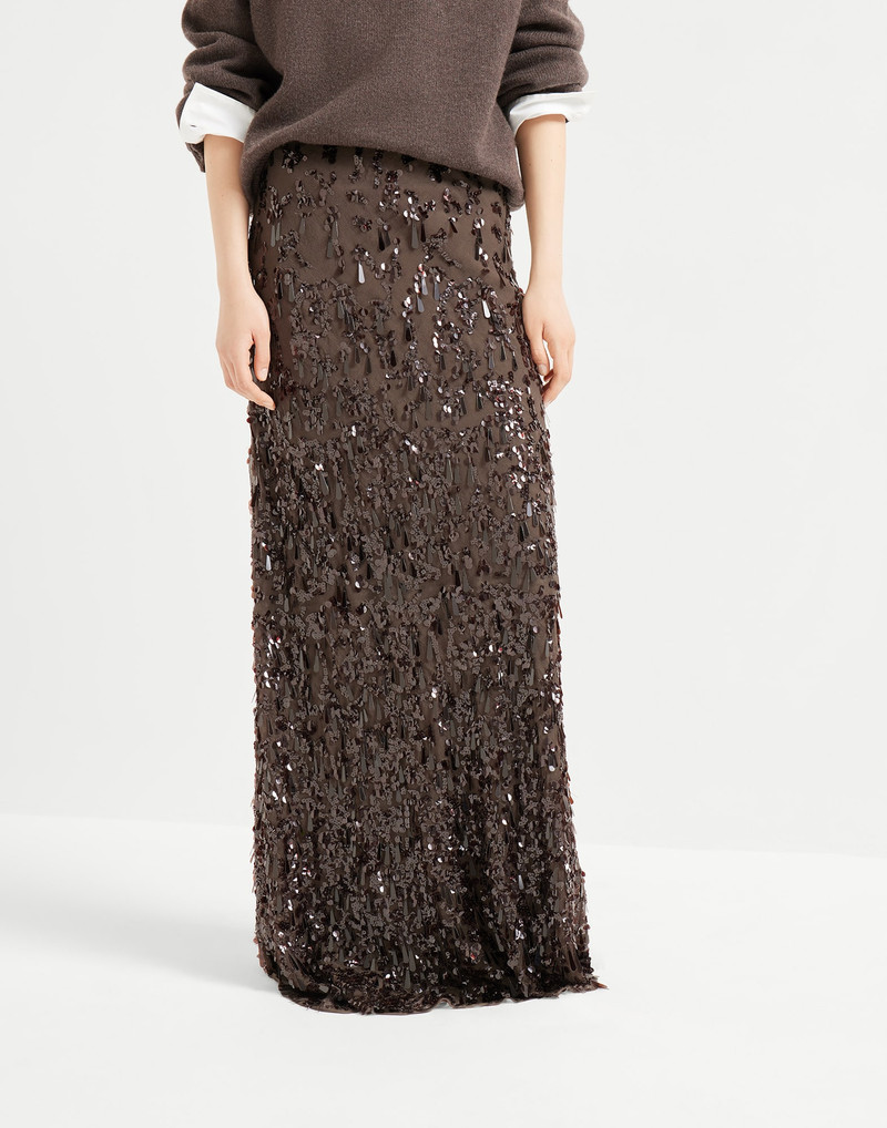 Crispy silk long mermaid skirt with swing drops embroidery 1