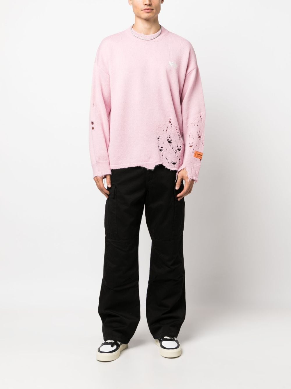 logo-embroidered ripped wool jumper - 2