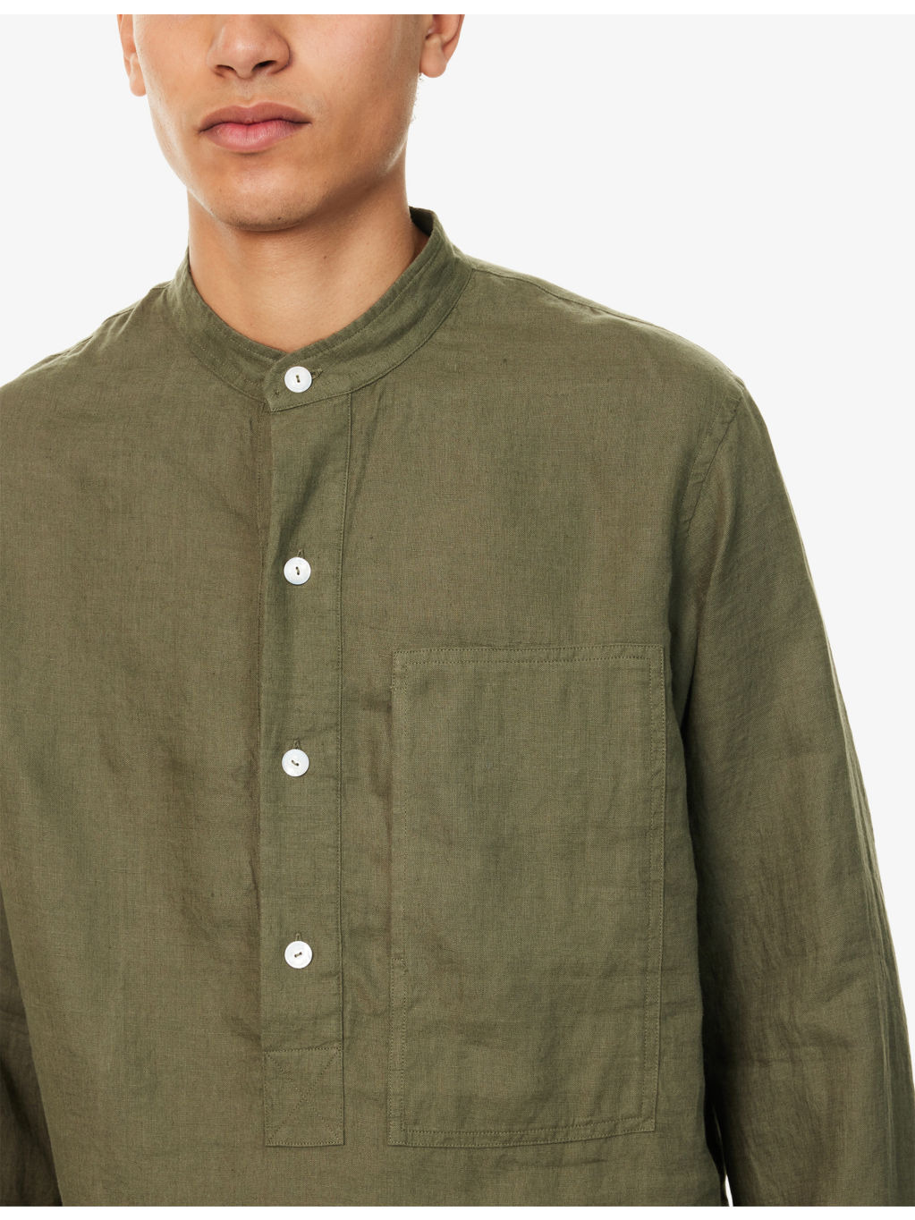 Grandad-Collar Long-Sleeve Linen Shirt - 5