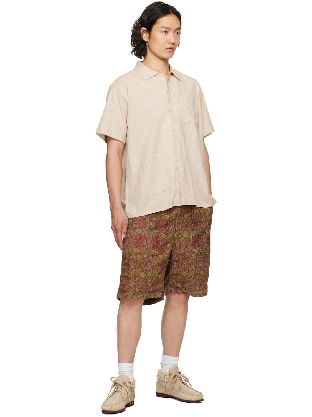 Khaki & Burgundy Corduroy Fatigue Shorts - 4