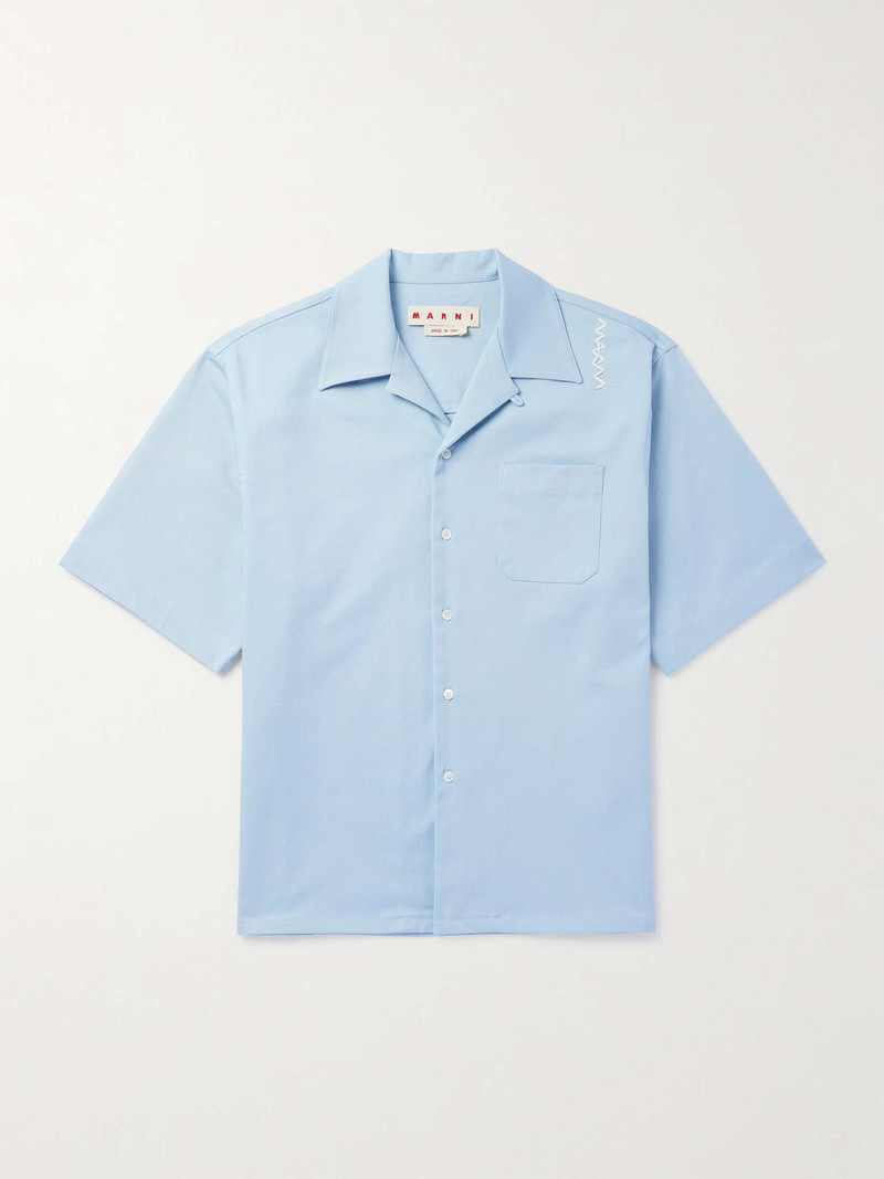 Convertible-Collar Logo-Embroidered Stretch-Cotton Gabardine Shirt 1