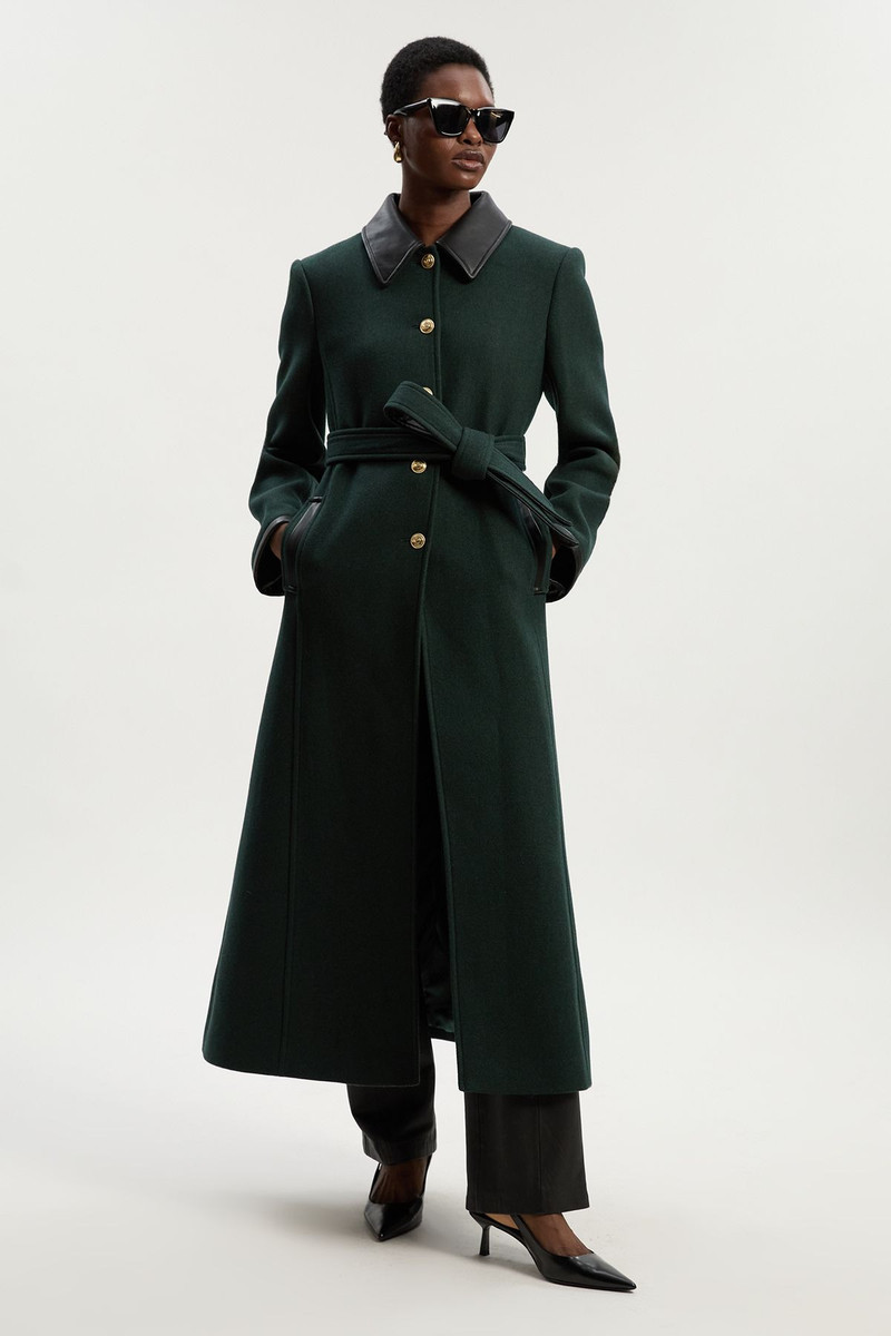 KAREN MILLEN Wool Pu Mix Belted Tailored Maxi Coat outlook