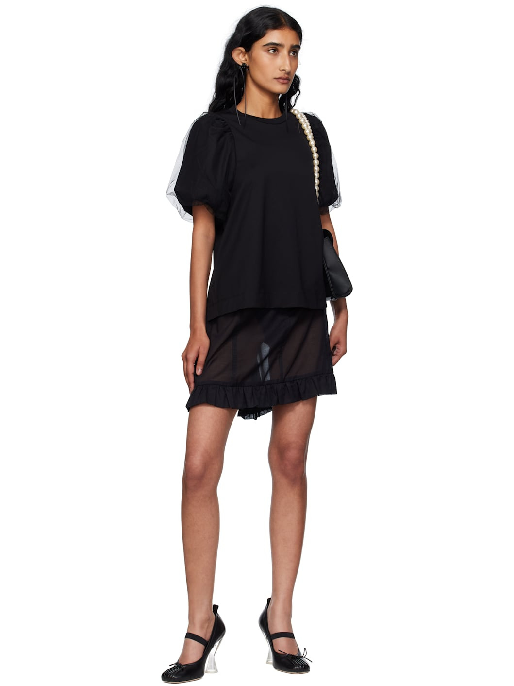 Black Tulle Overlay Puff Sleeve T-shirt - 4