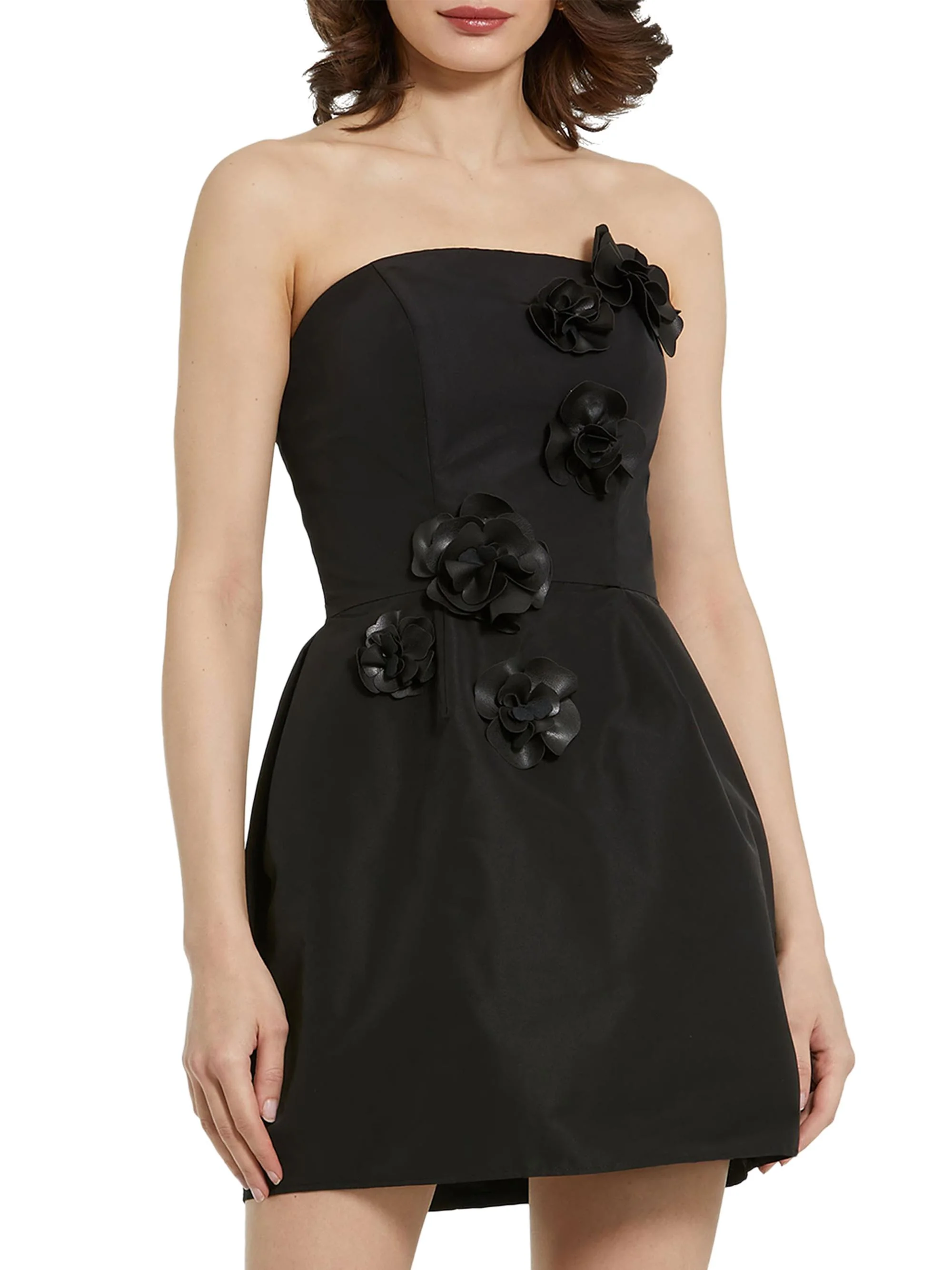 Women's Floral Appliqué Faille Strapless A-Line Minidress - Black - 1