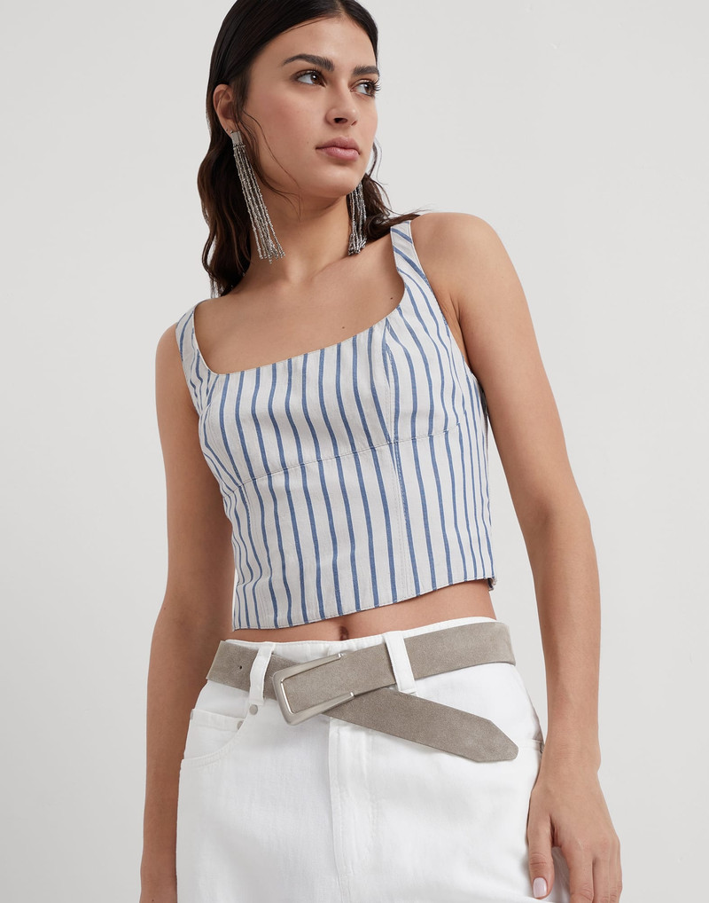 Striped cotton and linen wrinkled poplin cropped top 4