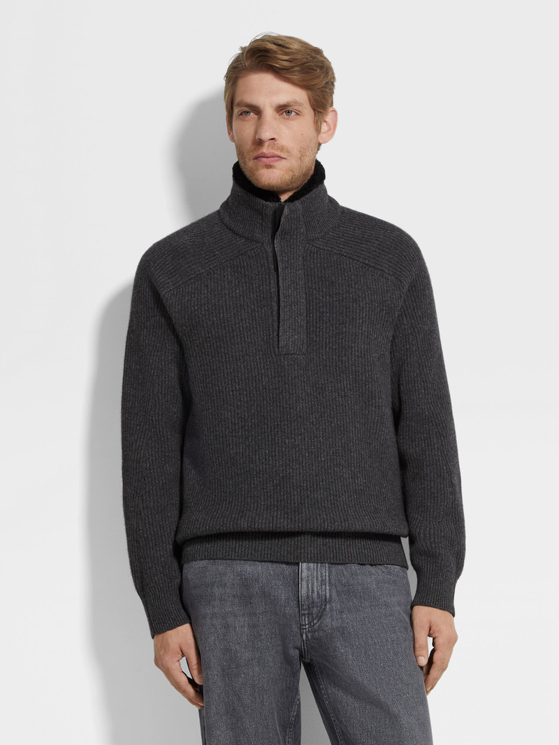 DARK GREY MÉLANGE OASI CASHMERE ZIP MOCK NECK SWEATER 4
