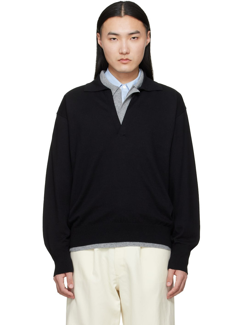 Black Organic Cotton Knit Skipper LS Polo 1