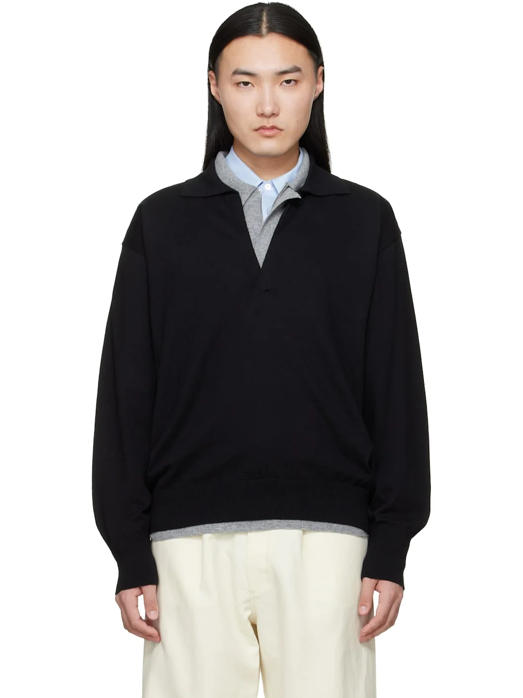 Black Organic Cotton Knit Skipper LS Polo - 1