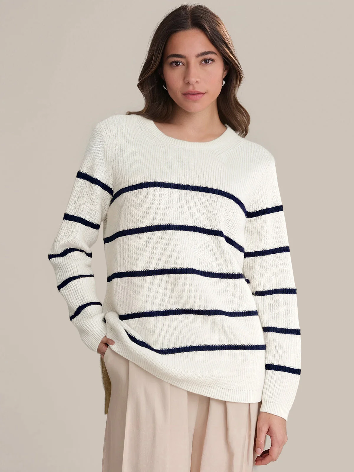 Emma: Stripe Crewneck Shaker Stitch Cotton Sweater - 1