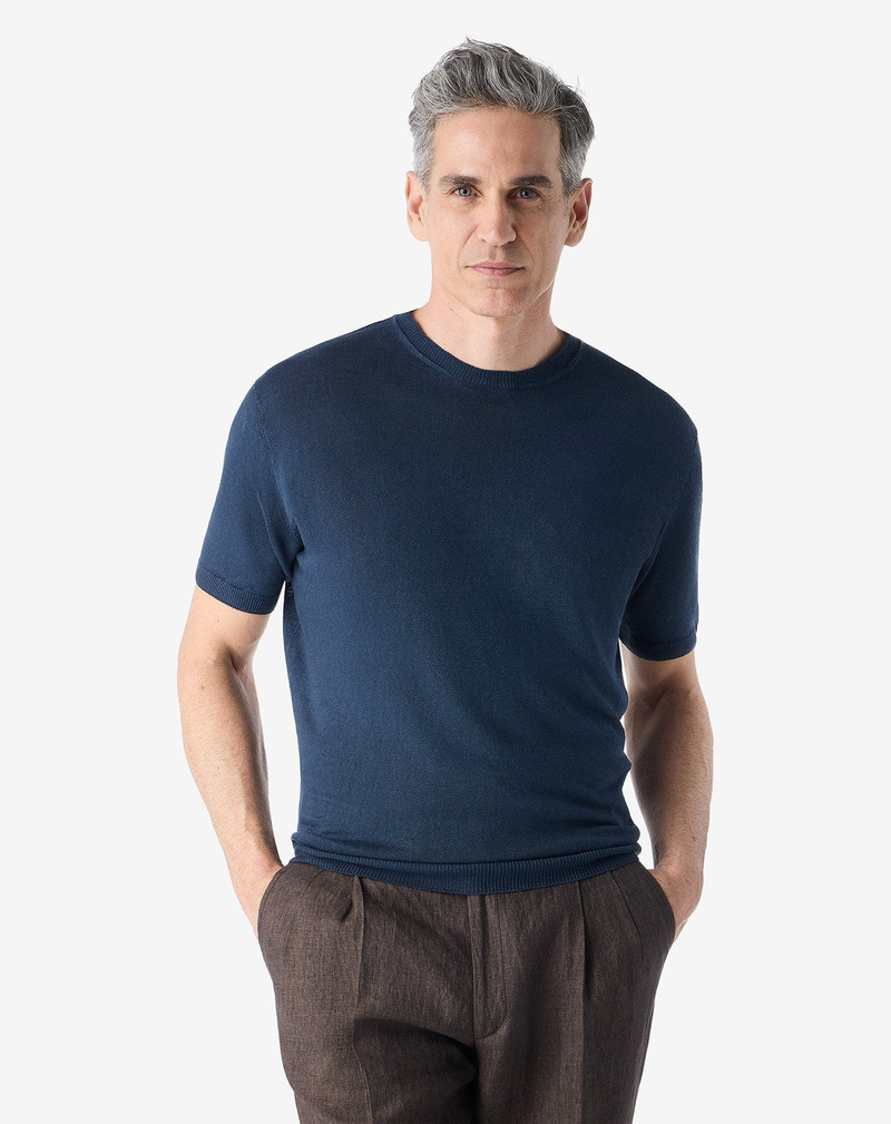 CORNELIANI Blue pure linen crew neck knitwear outlook