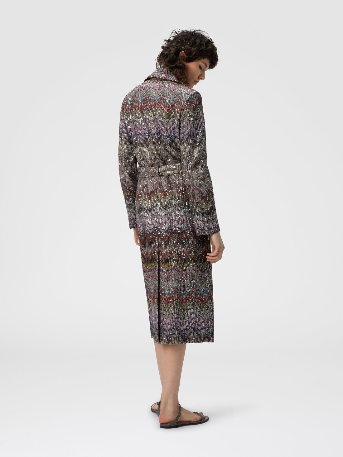 Long Double-Breasted Trench Coat with Wavy Zigzag Pattern - 3