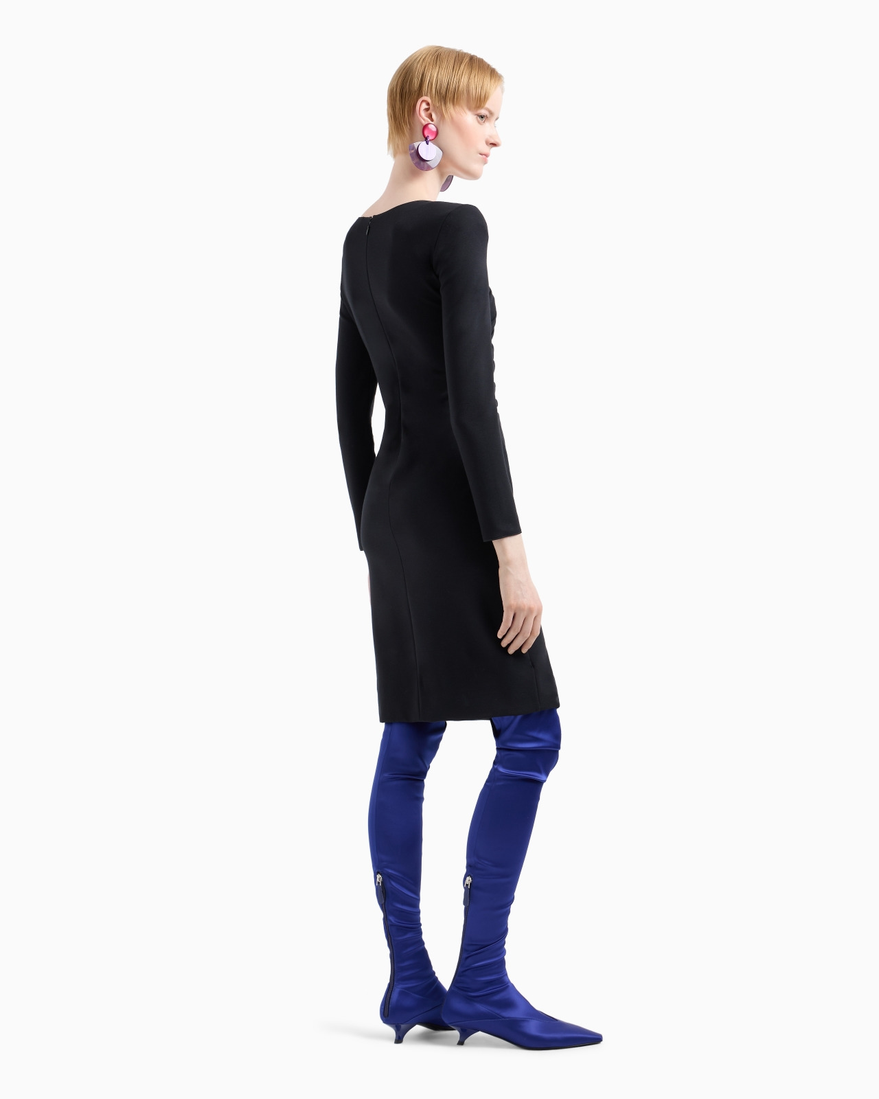 Stretch Milano stitch fabric dress with asymmetric cross-over and draping - 3