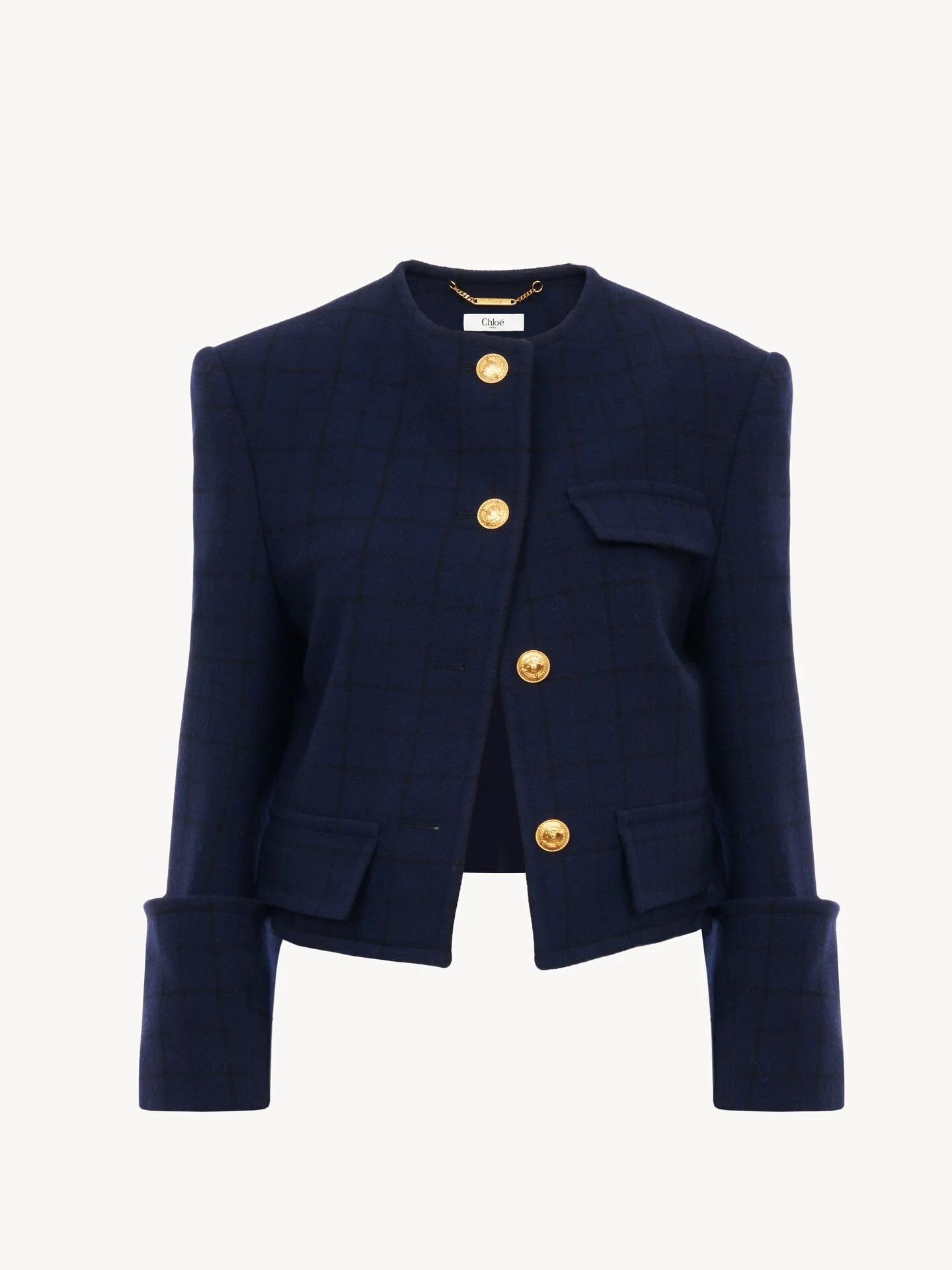 BOXY COLLARLESS JACKET IN WOOL CHECK - 1