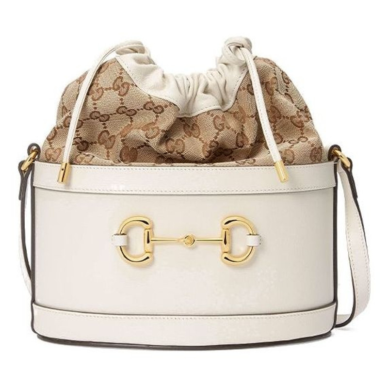 (WMNS) Gucci Horsebit 1955 Retro 금 버클 로고 화포 Drawstring 어깨 메신저 부대 백색 602 1