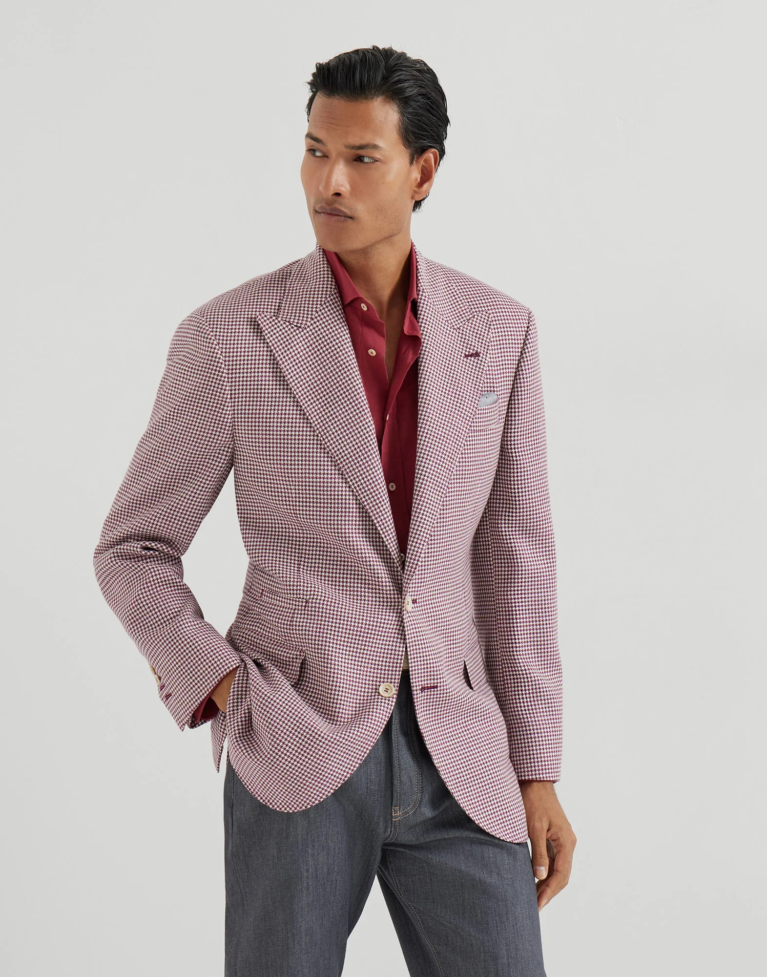 Virgin wool, silk and linen houndstooth Tailor blazer with peak lapels - 1
