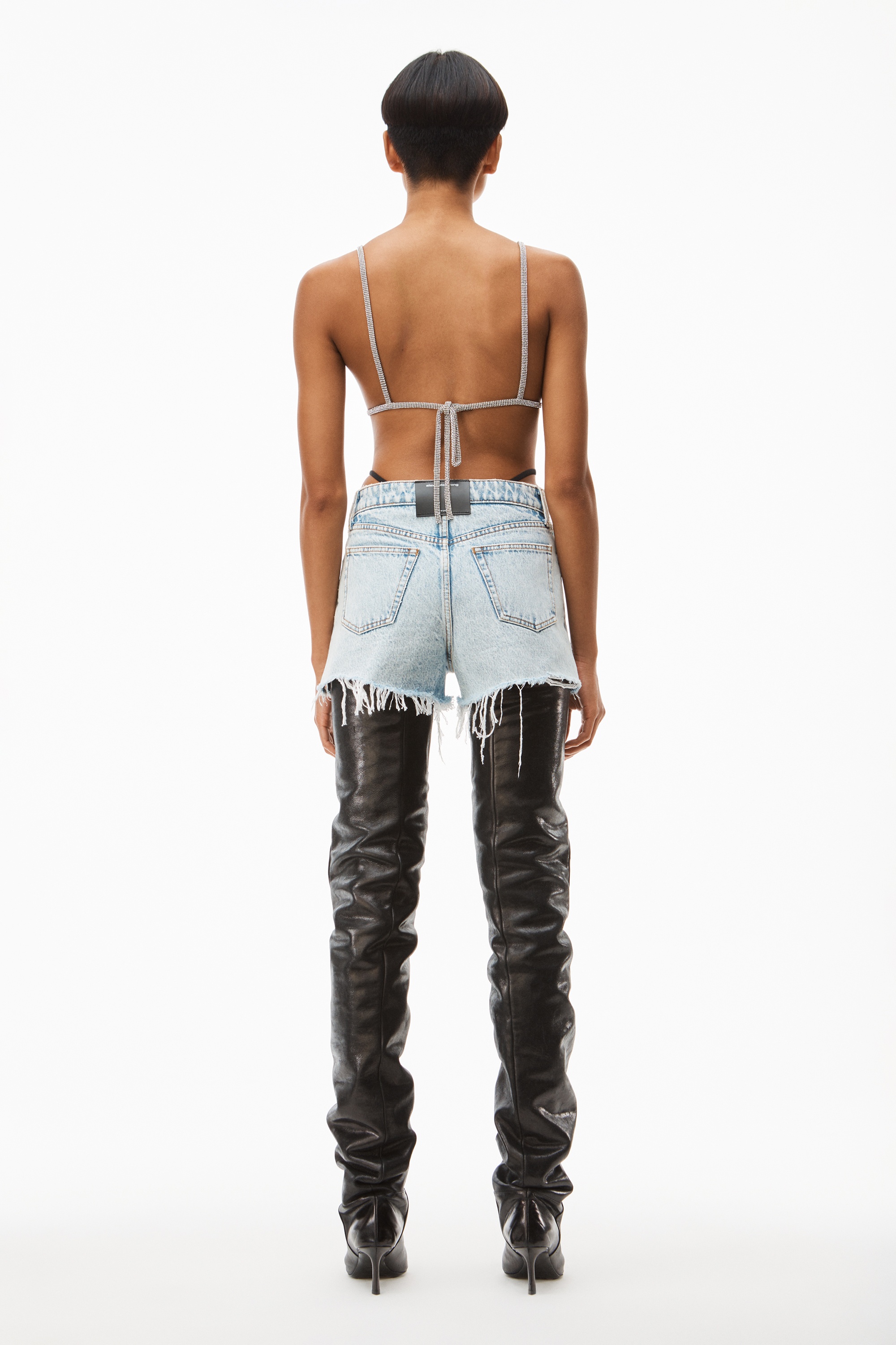 DIAMANTE LOGO STRAP LAYER SHORT IN DENIM - 5