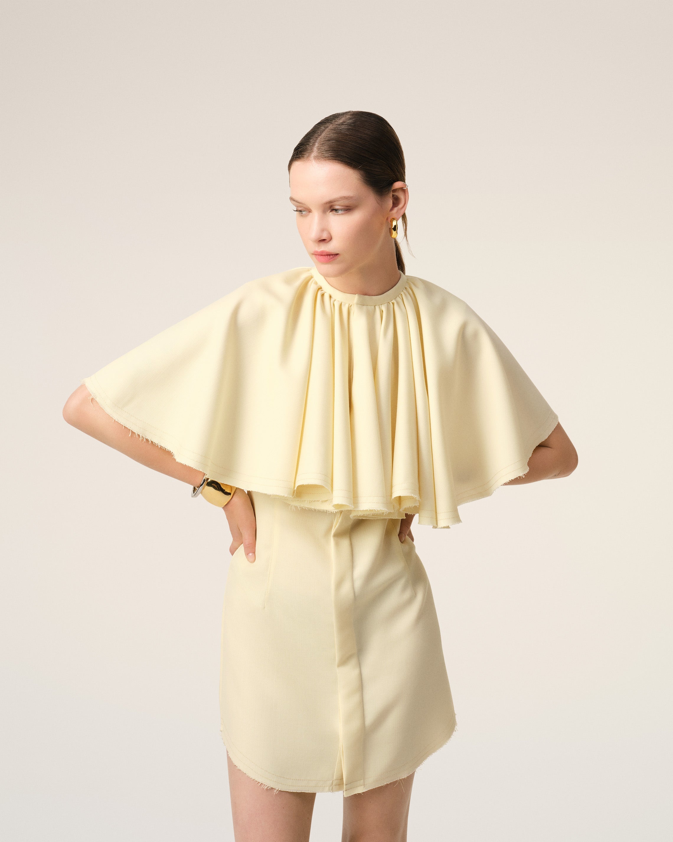 YELLOW WOOL SHIRT DRESS WITH RUFF - 3
