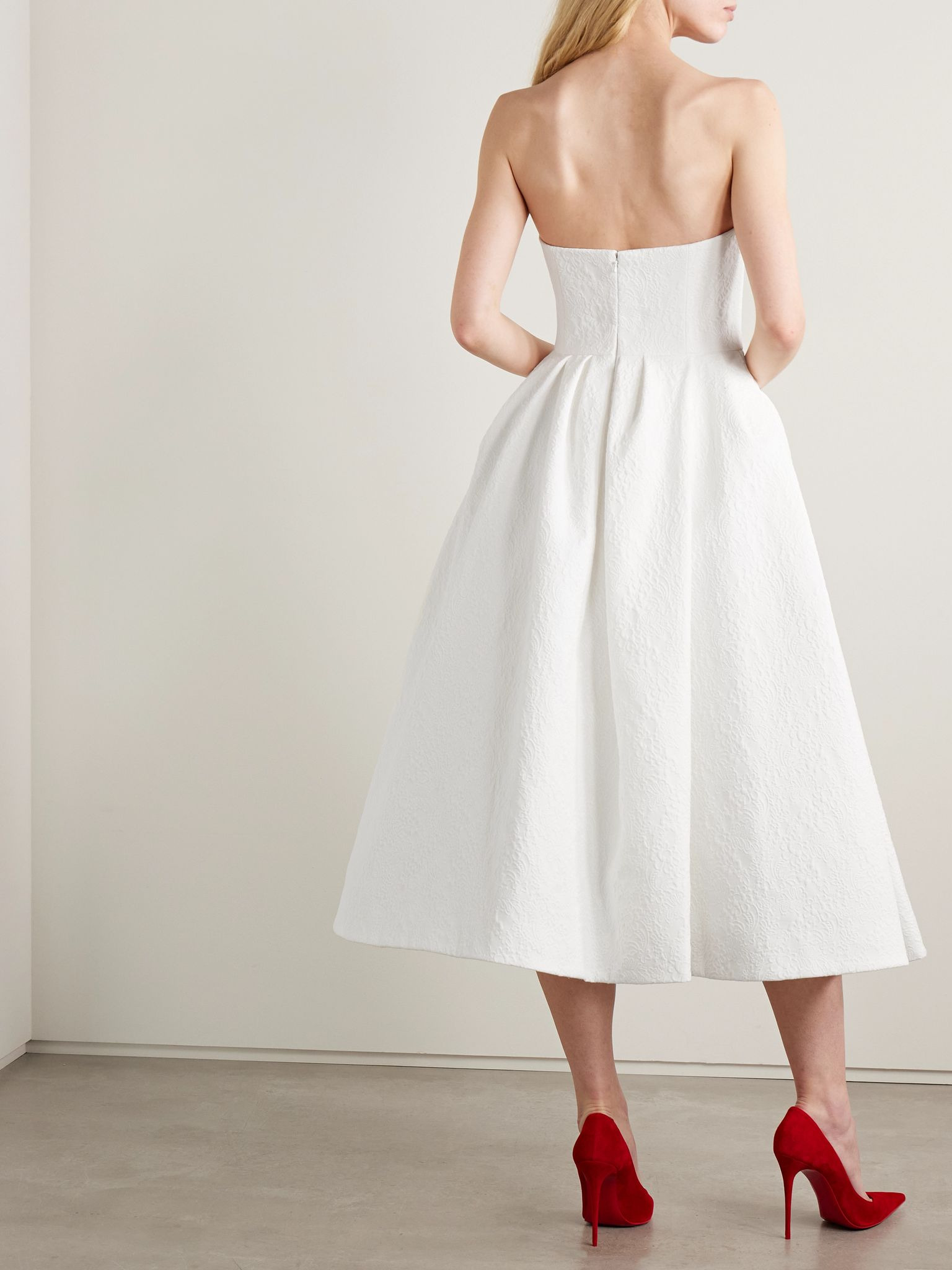 Strapless pleated cotton-blend cloqué midi dress White - 3