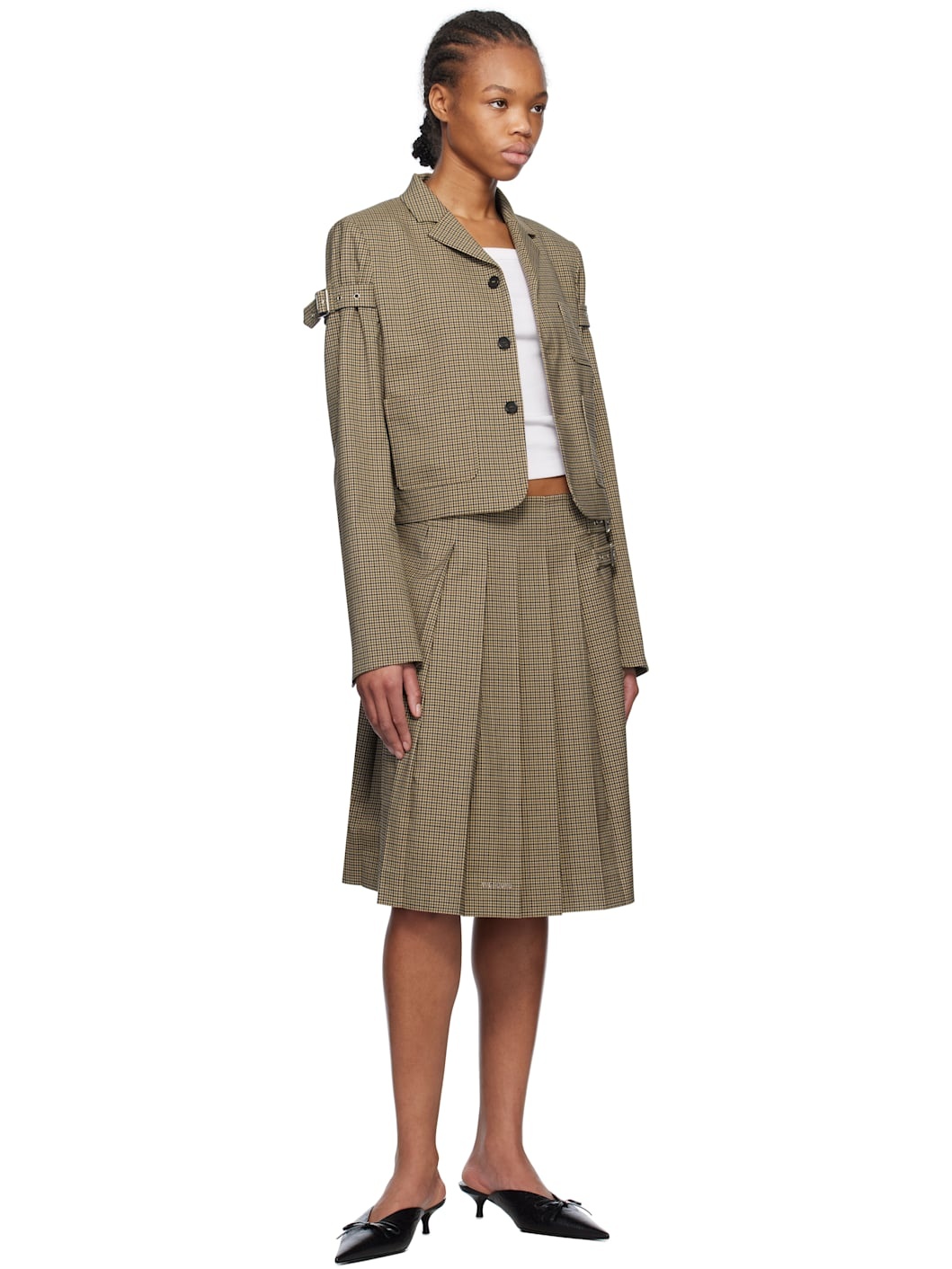 Beige Checkered Belted Blazer - 4