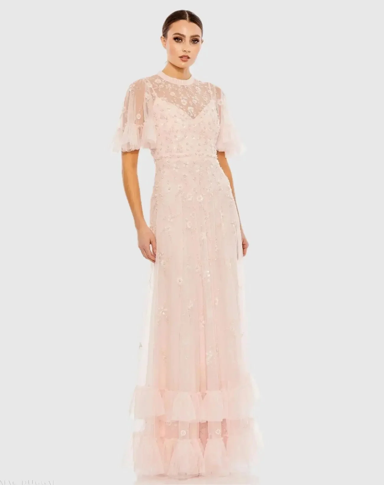 Light Pink Floral Embellished Flutter Sleeve A-Line Gown - 1
