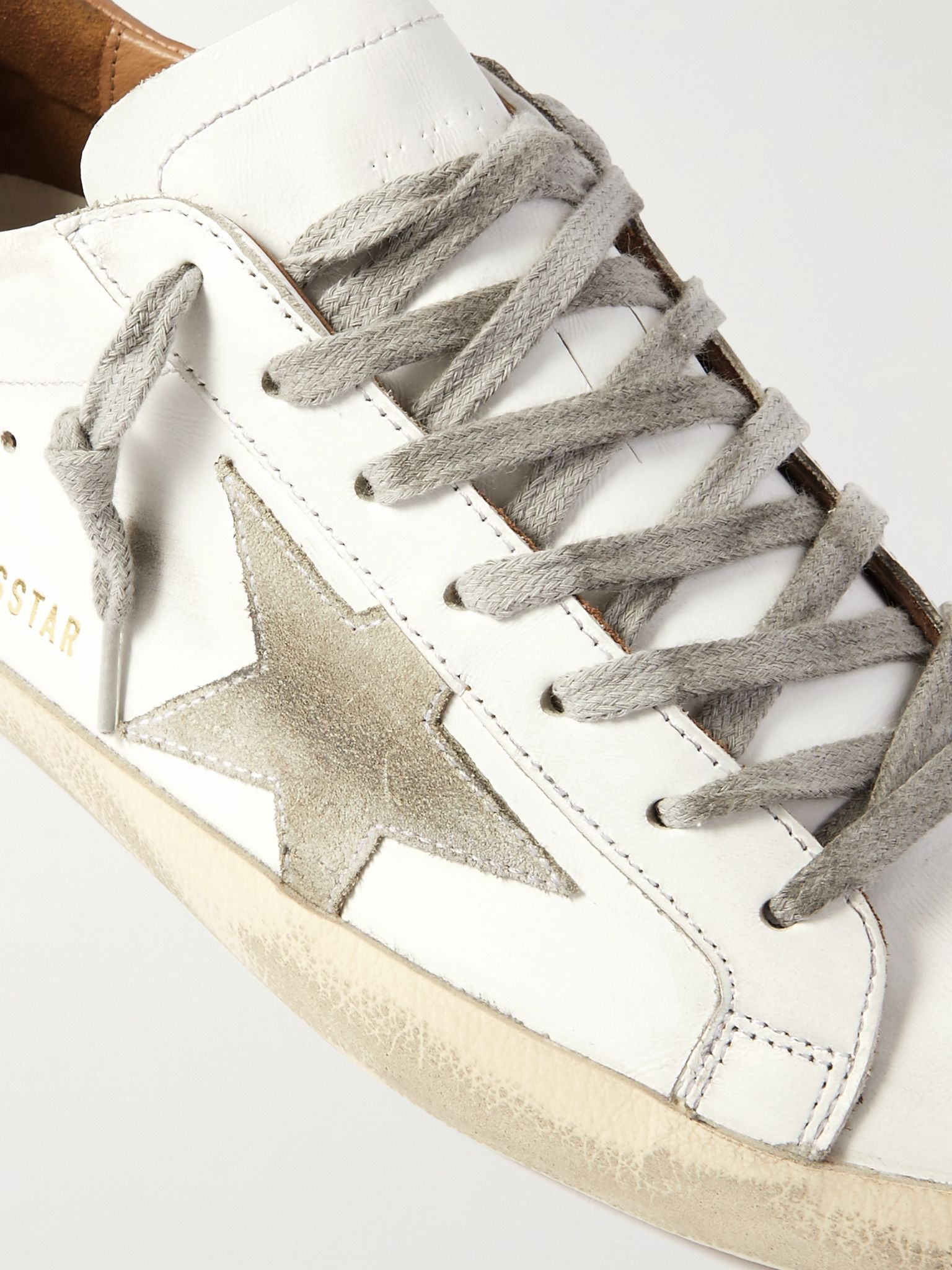 Superstar Distressed Leather and Suede Sneakers White - 6
