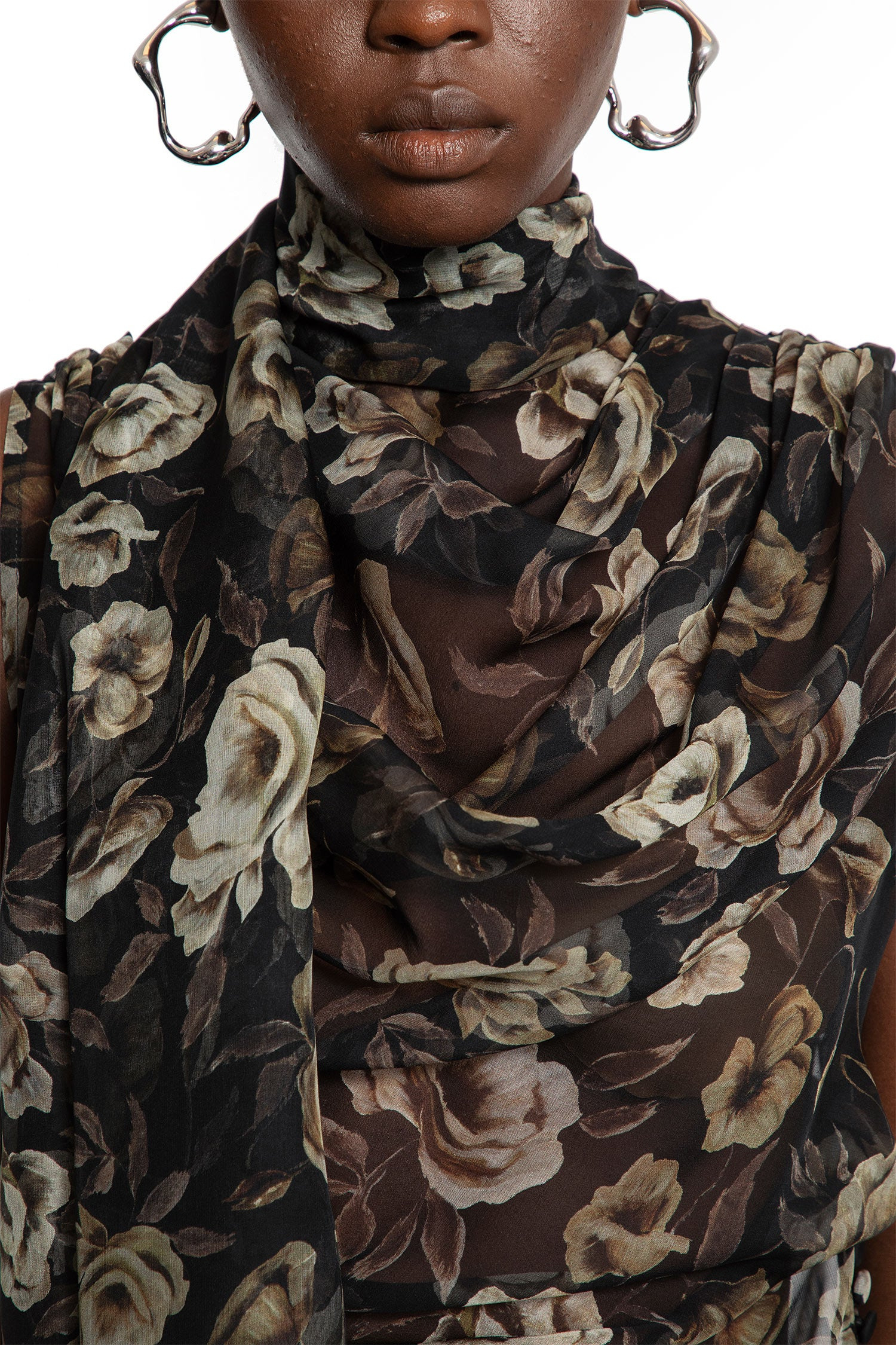 Draped-High-Neck-Dress-In-Floral-Print - 4