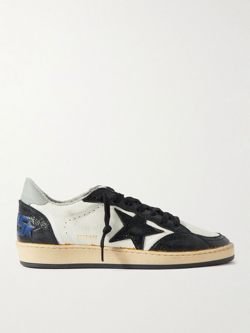 Ball Star Distressed Leather and Shell Sneakers Black 1