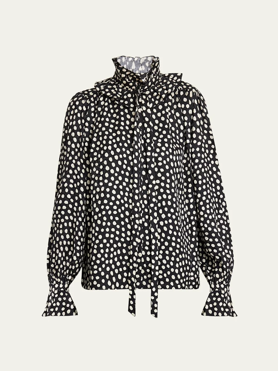 Dots-Print Silk Jacquard Ruffle Blouse - 1