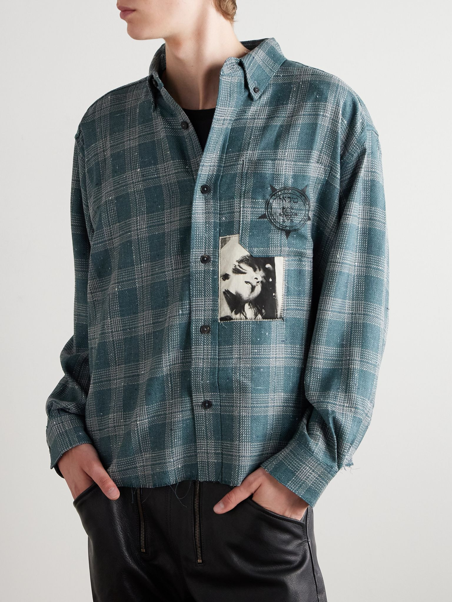 Button-Down Collar Frayed Appliquéd Printed Wool and Silk-Blend Flannel Shirt Blue - 3