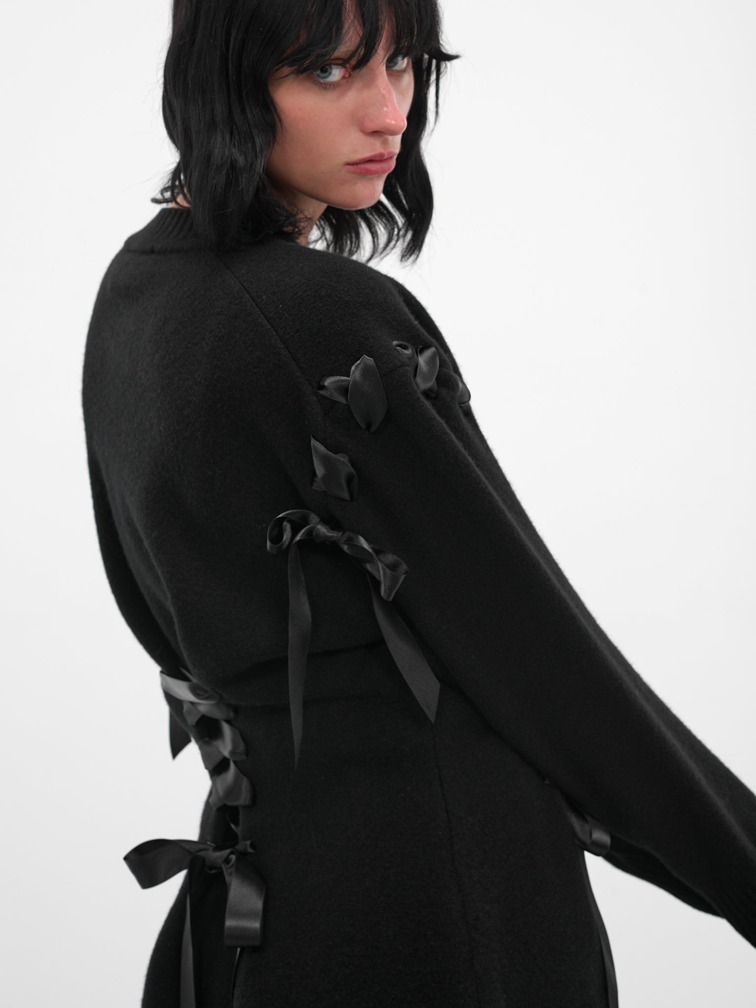 Black Wool Ribbon Corset Cardigan - 5