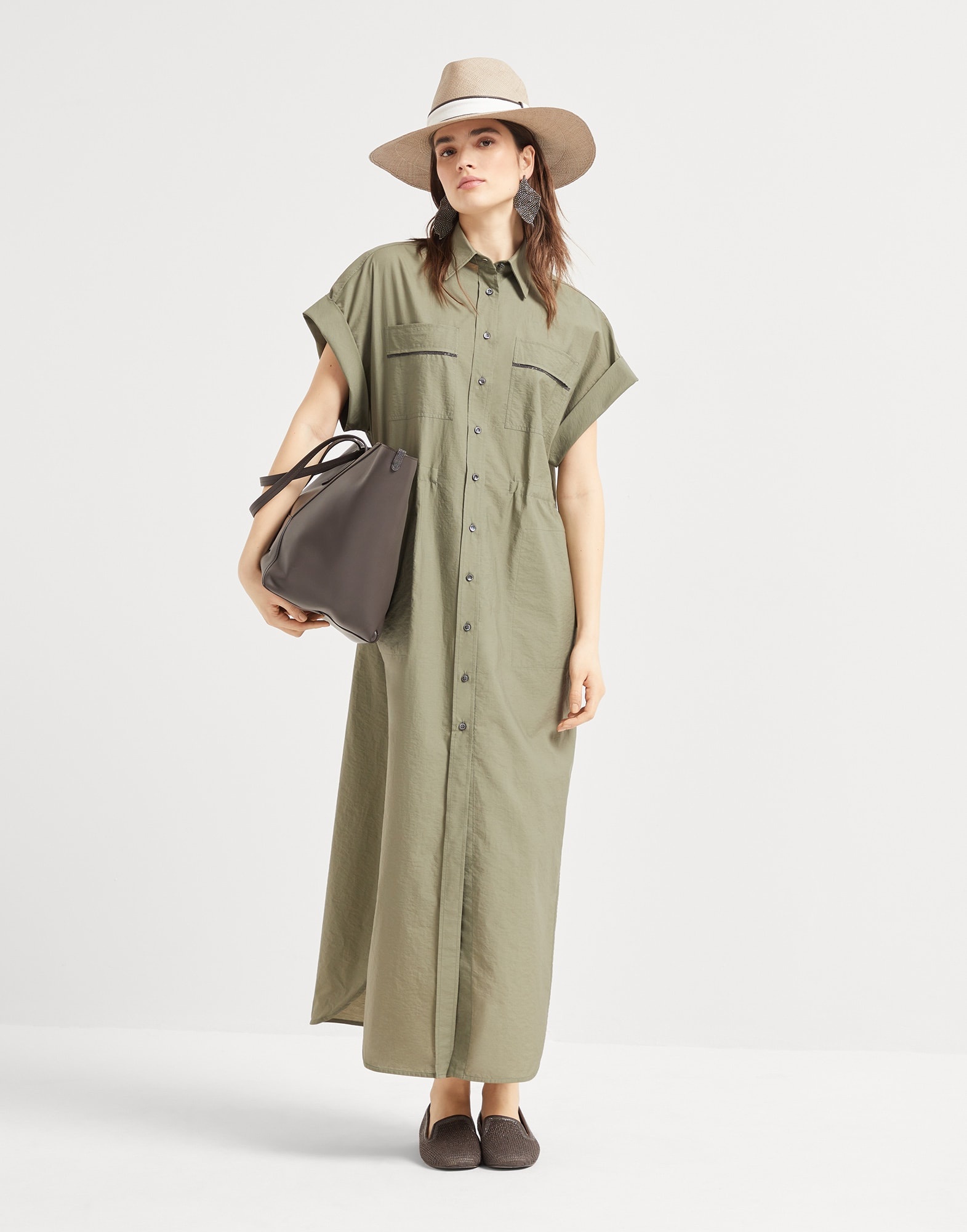 Techno cotton poplin shirt dress with precious trims - 5
