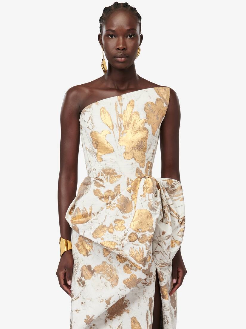 Women's Asymmetric Bustier Dress in Gold - 6