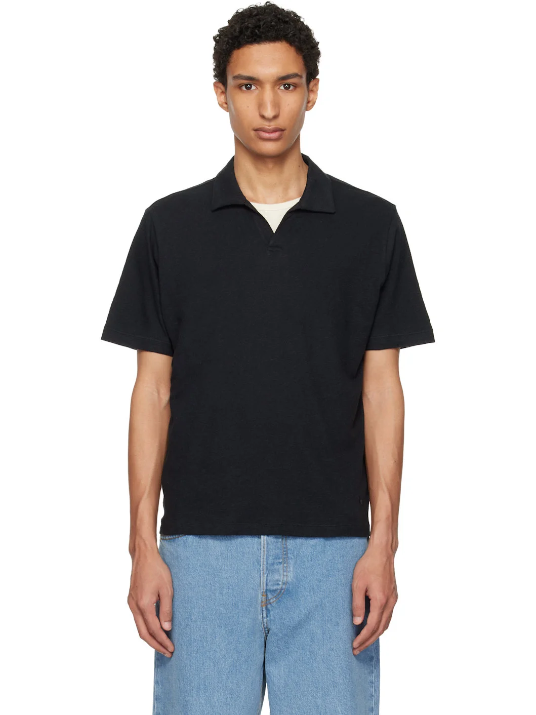 Black Linen-Cotton Relaxed Fit Polo - 1
