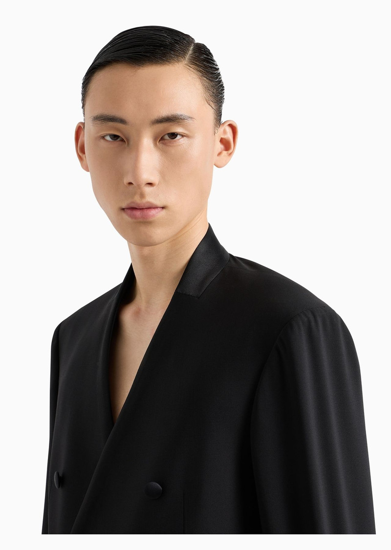 Double-breasted blazer in two-way stretch virgin wool canvas with satin collar 5