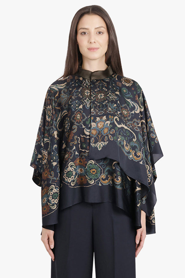 SCARF S/S FLORAL PRINT HIGH NECK DRAPE BLOUSE | NAVY/MULTI - 3