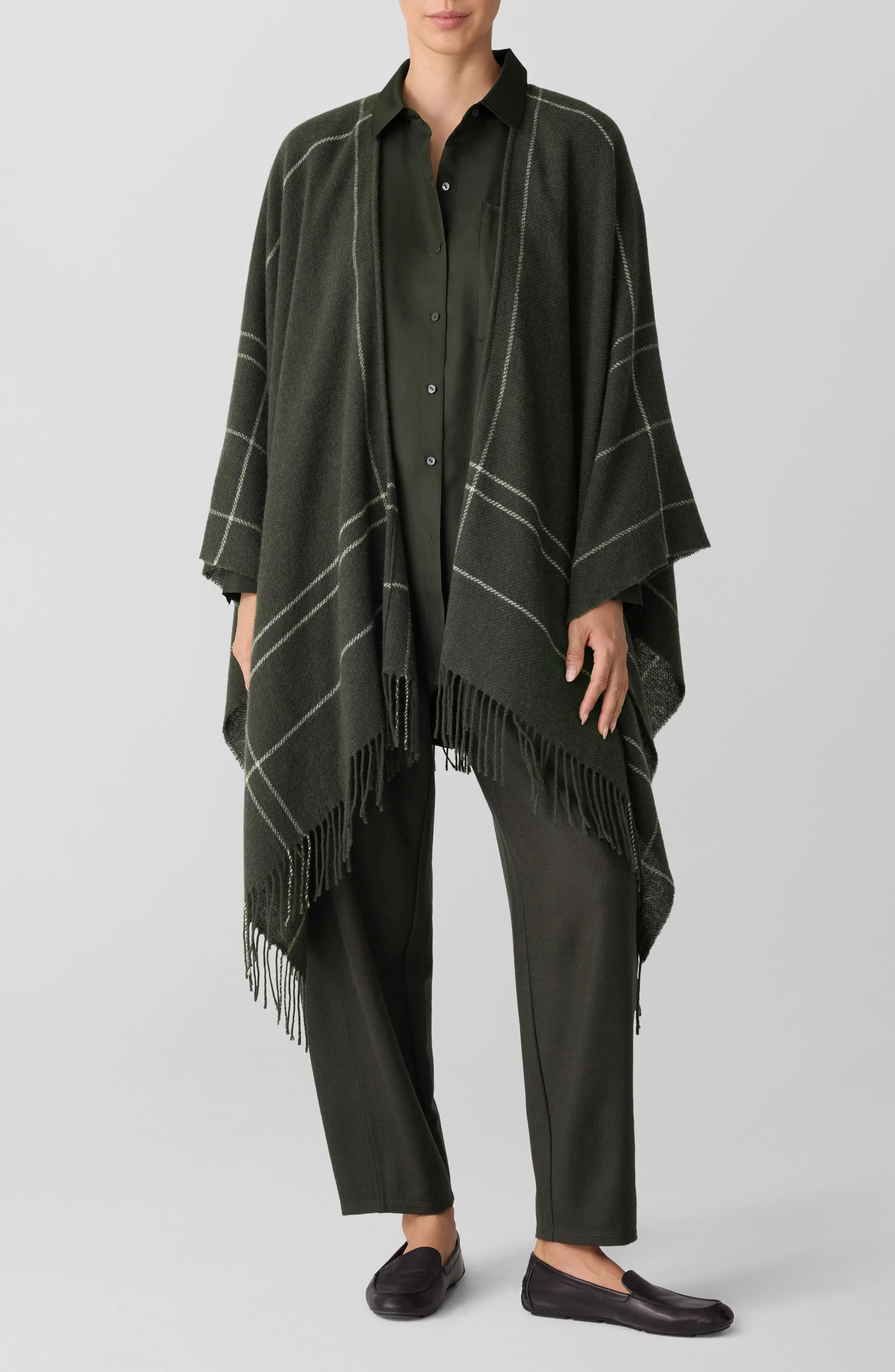 Eileen Fisher Serape Open Front Plaid Wool Blend Wrap in Woodland at Nordstrom - 1