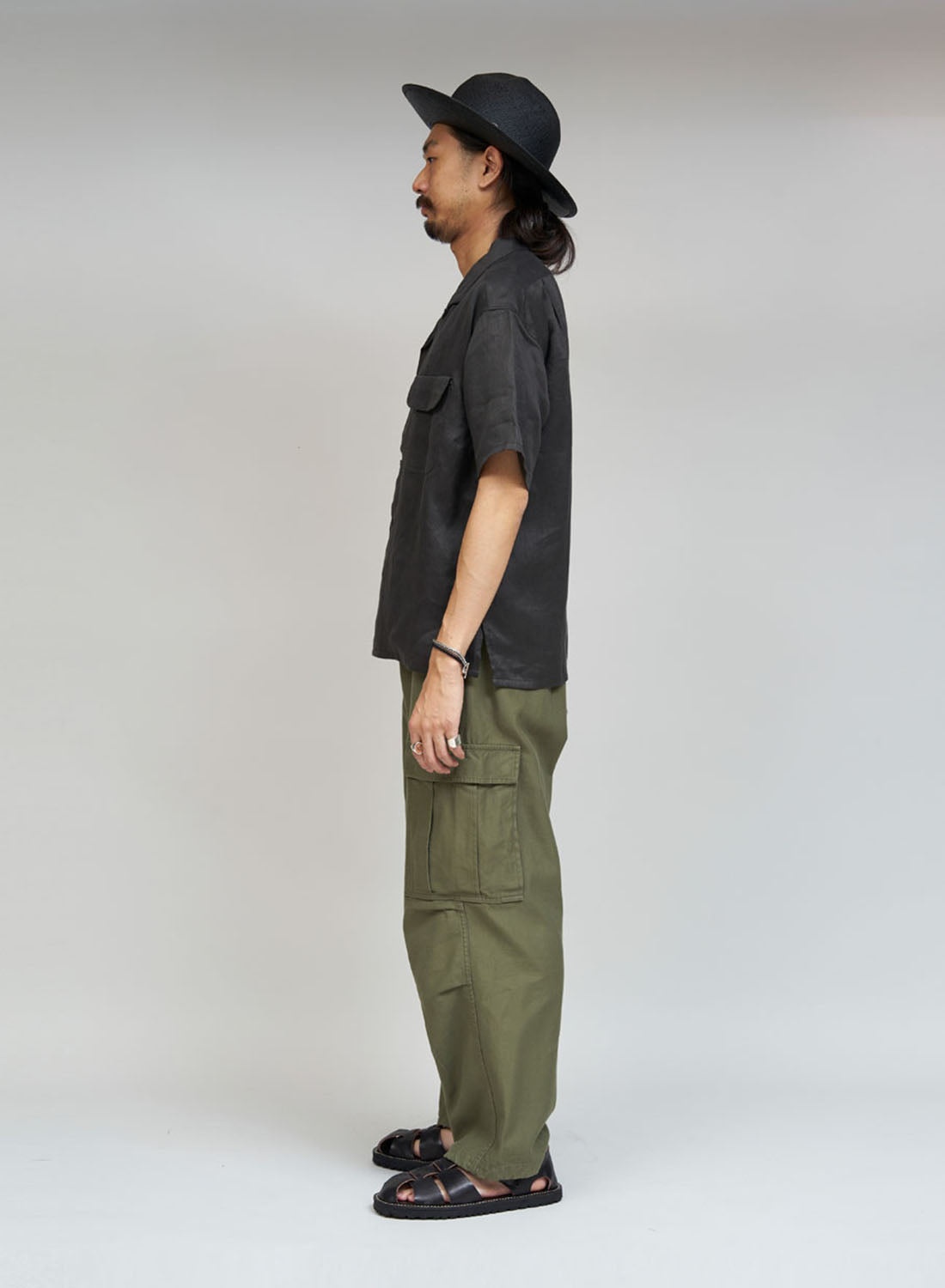 Open Collar Shirt Linen Twill in Charcoal - 3