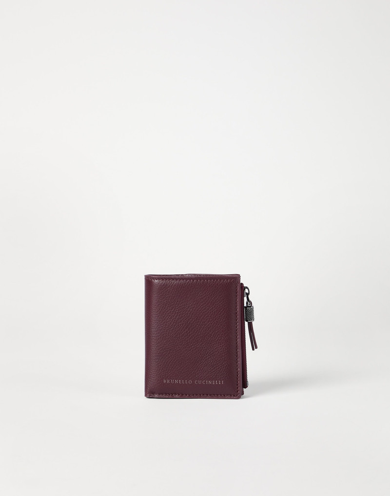 Grained leather small wallet with shiny zipper pull 1