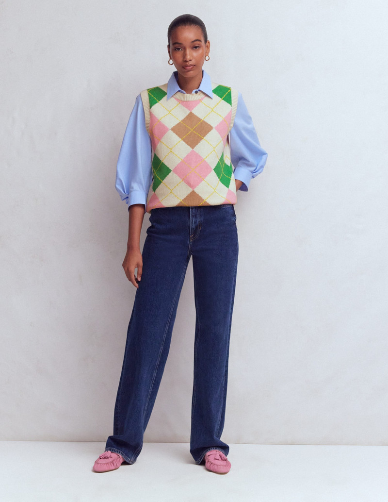 Lucy Cotton Vest-Green, Pink Argyle 8