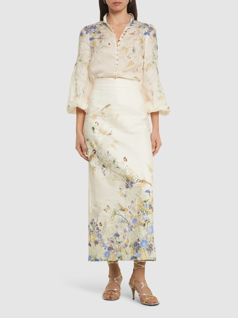 スカート ZIMMERMANN PRINTED LINEN PENCIL SKIRT Zimmermann Harmony printed midi linen pencil skirt