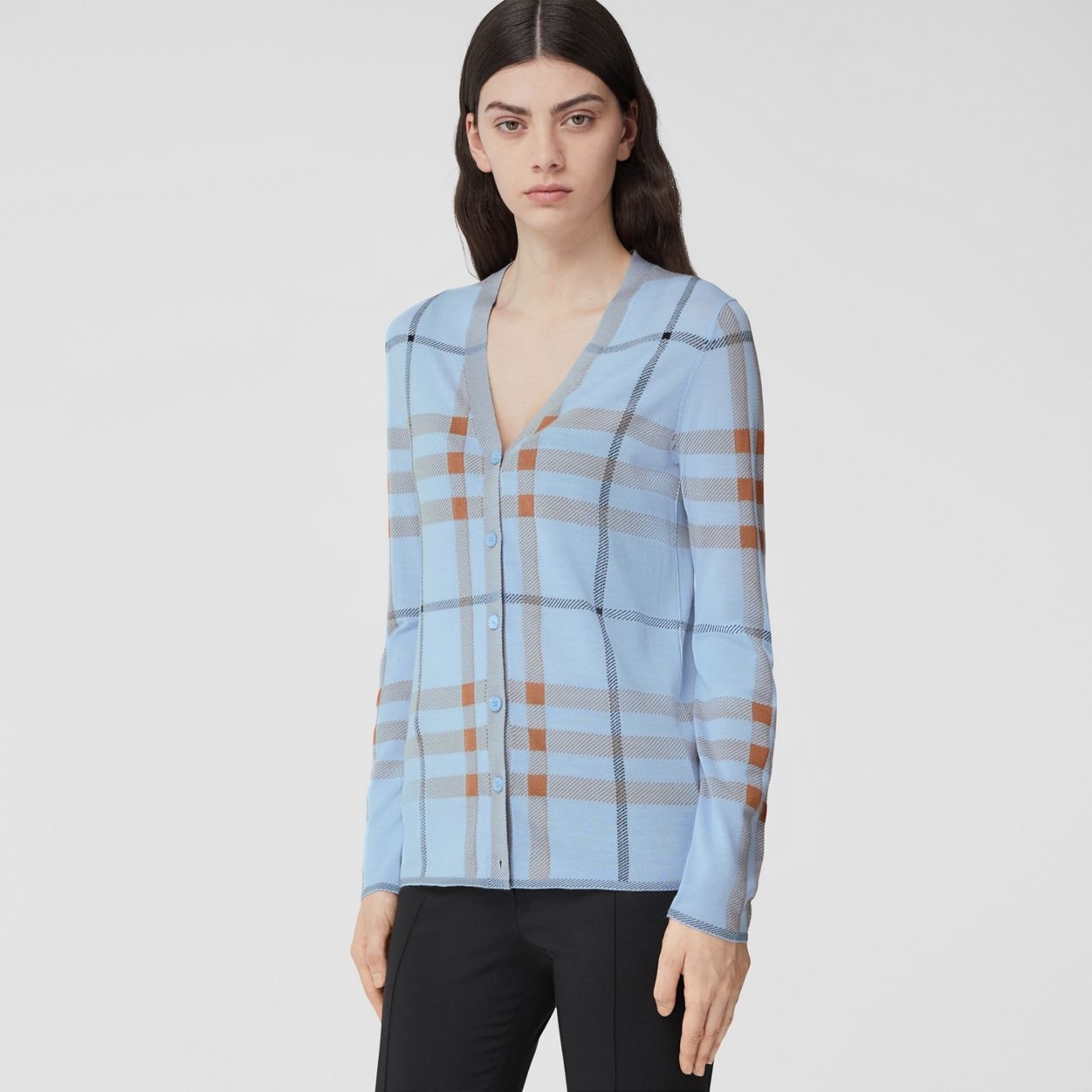 Check Intarsia Wool Silk Cotton Cardigan - 2