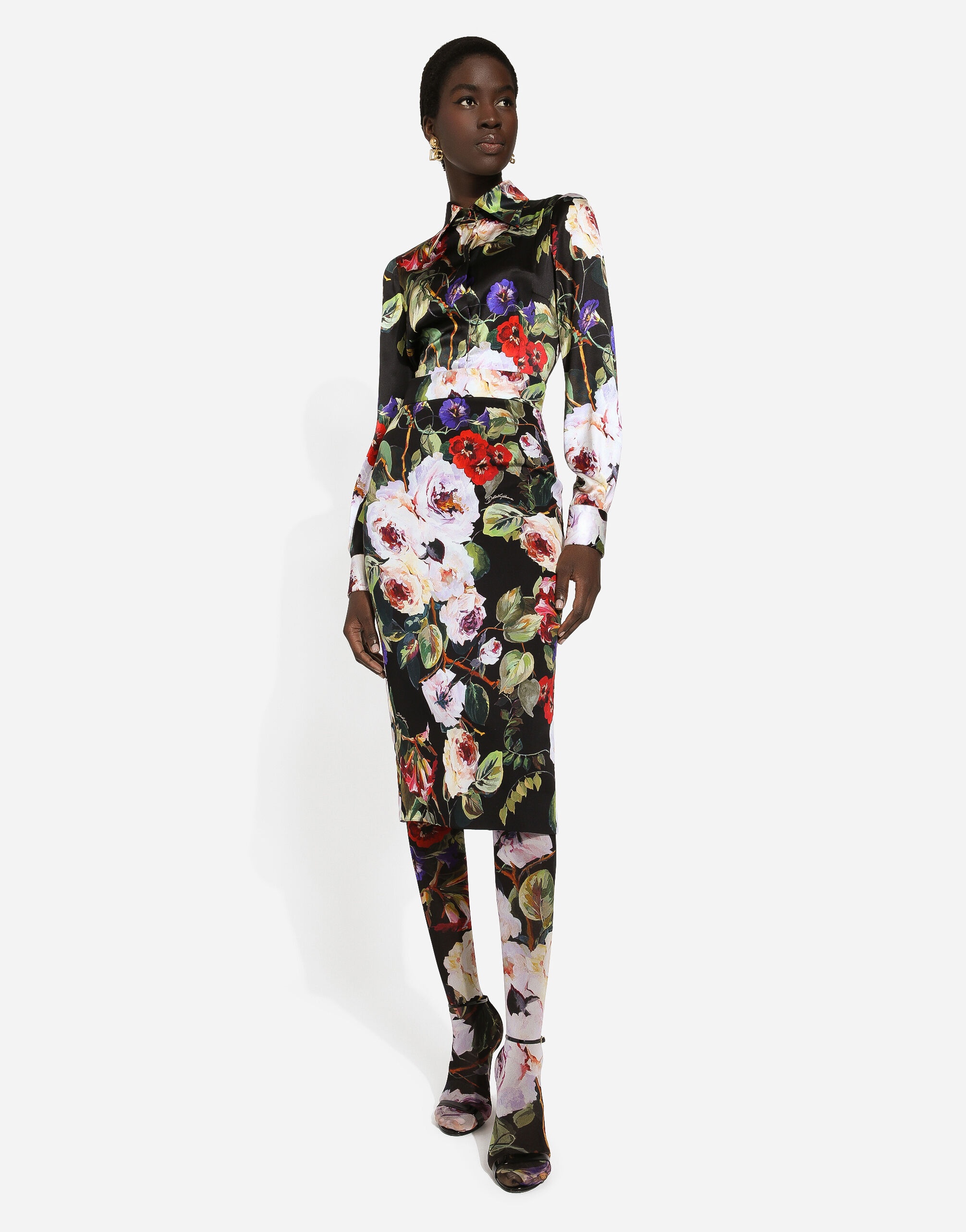 Charmeuse calf-length skirt with rose garden print - 5