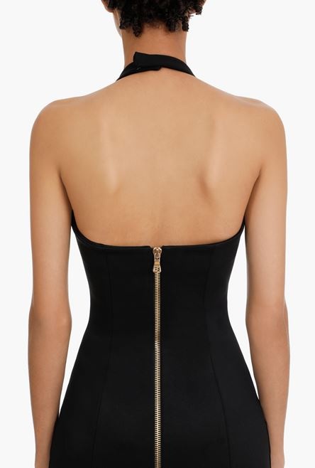 Midi length open back black dress with gold-tone buttons - 9